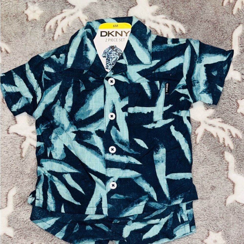 DKNY Kids Teal and Navy Patterned Button Down Shirt 6M